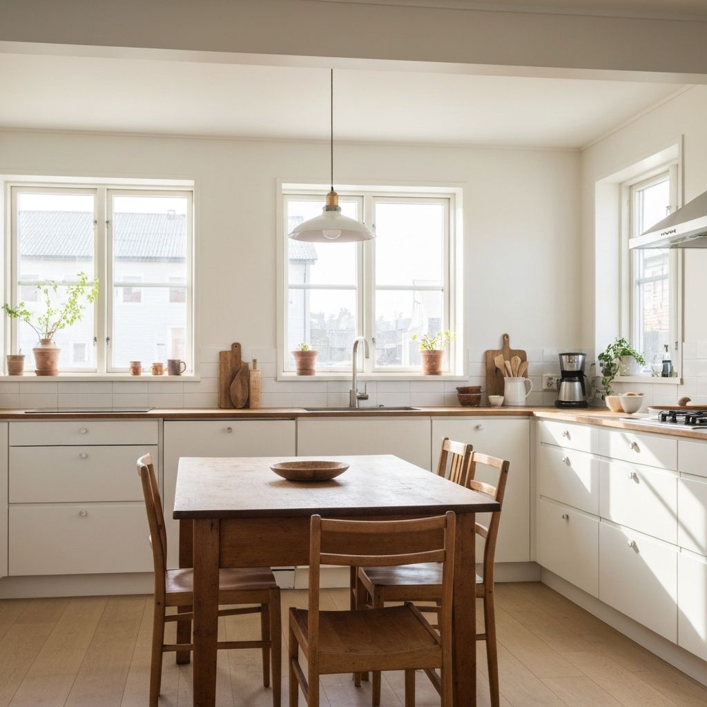 Neutral kökmiljö med bord och naturligt ljus